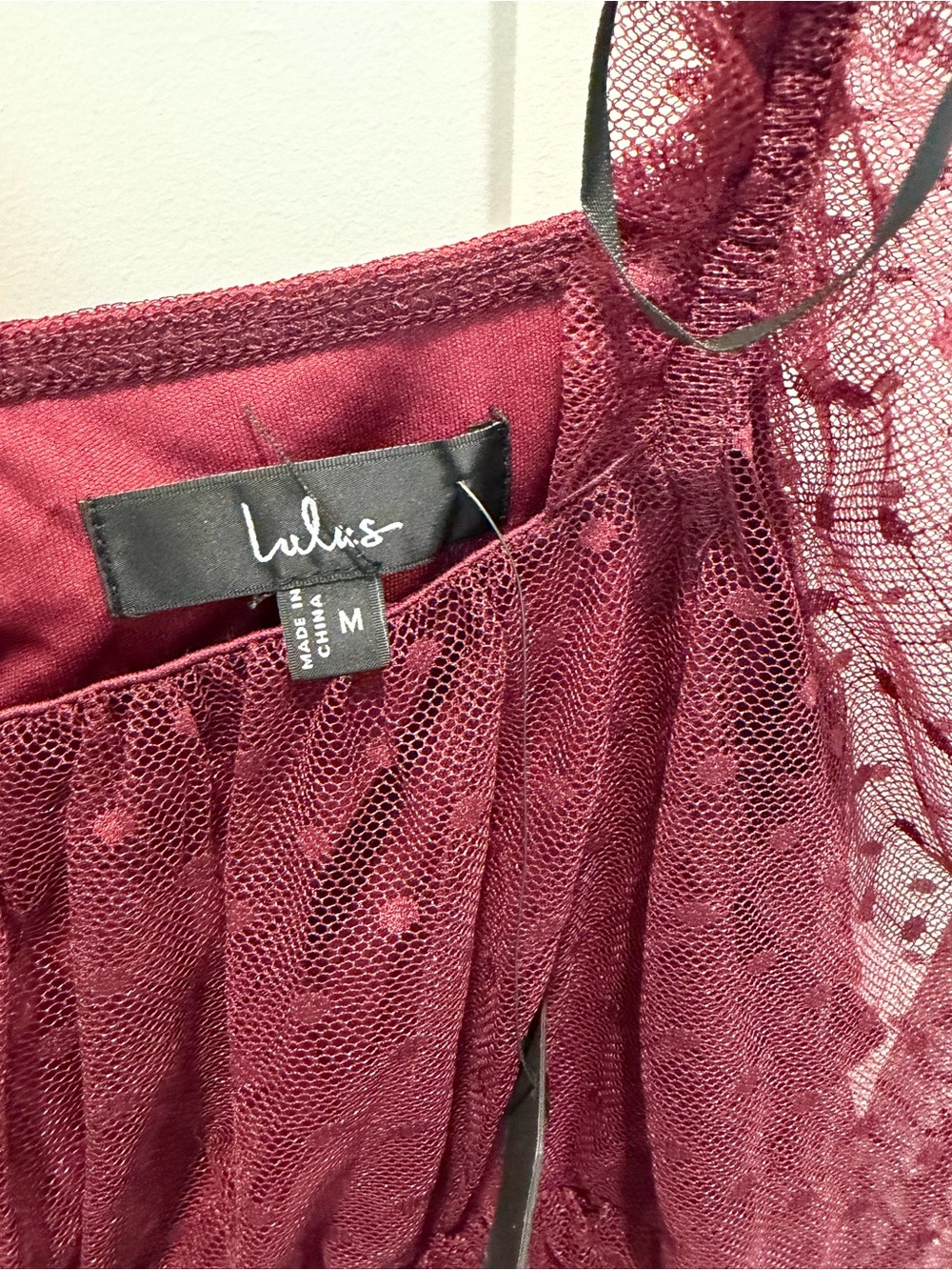 Lulu's Wine Dot Mesh Long Sleeve Babydoll Dress NWT - Picture 2 of 4